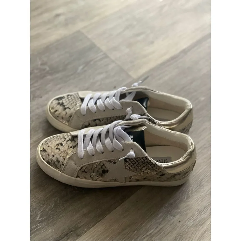 Steve Madden Women’s Pursued Gold Metallic Snakeskin Lace-Up Sneakers Size 7M